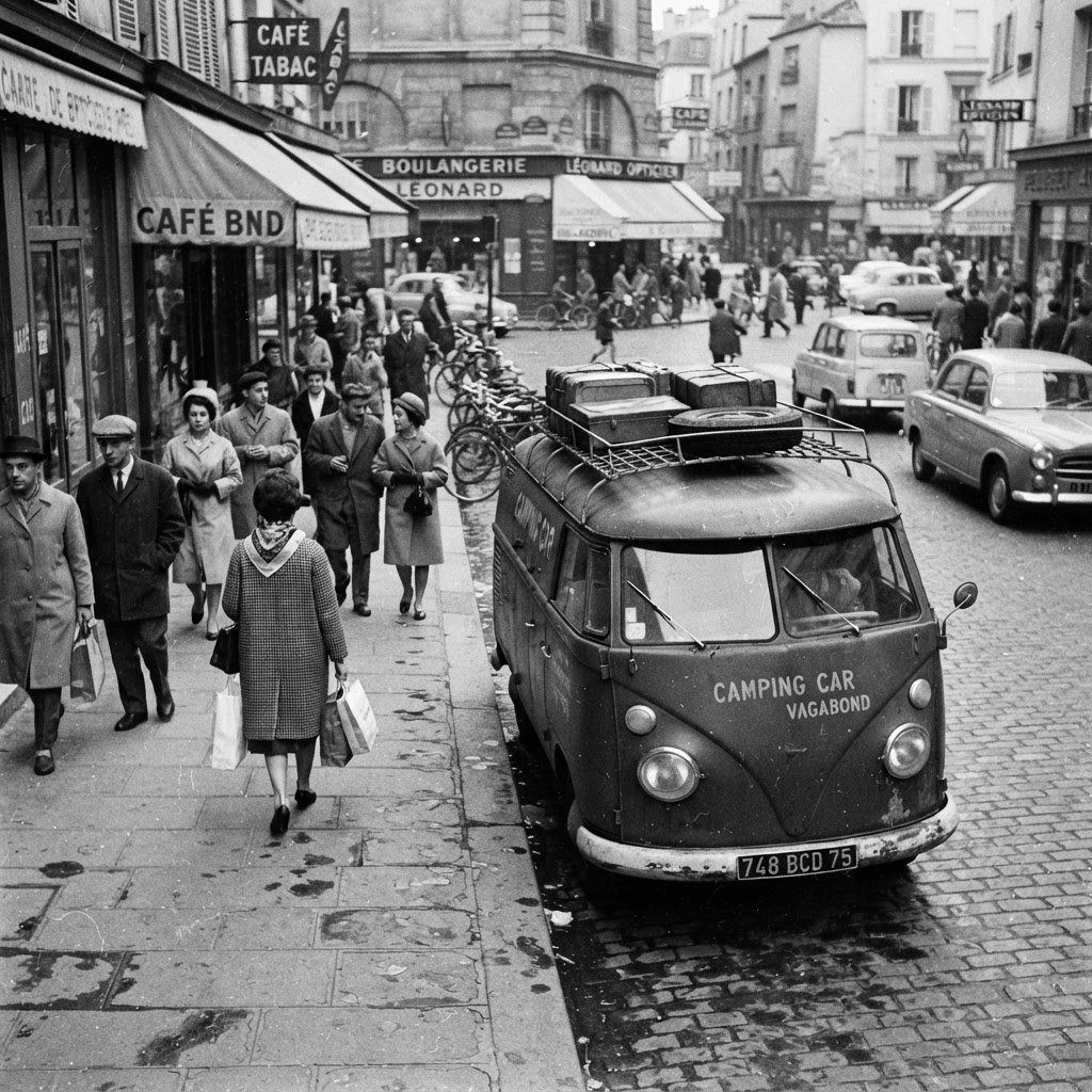 Foto vintage em preto e branco de uma Kombi antiga