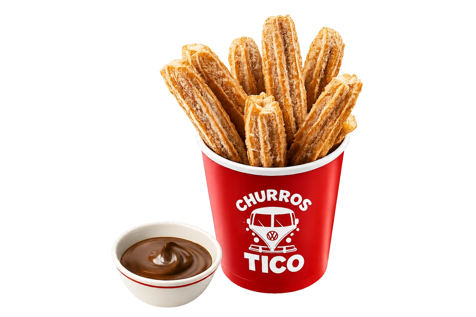 Copo vermelho Churros Tico cheio de churros com uma tigela de doce