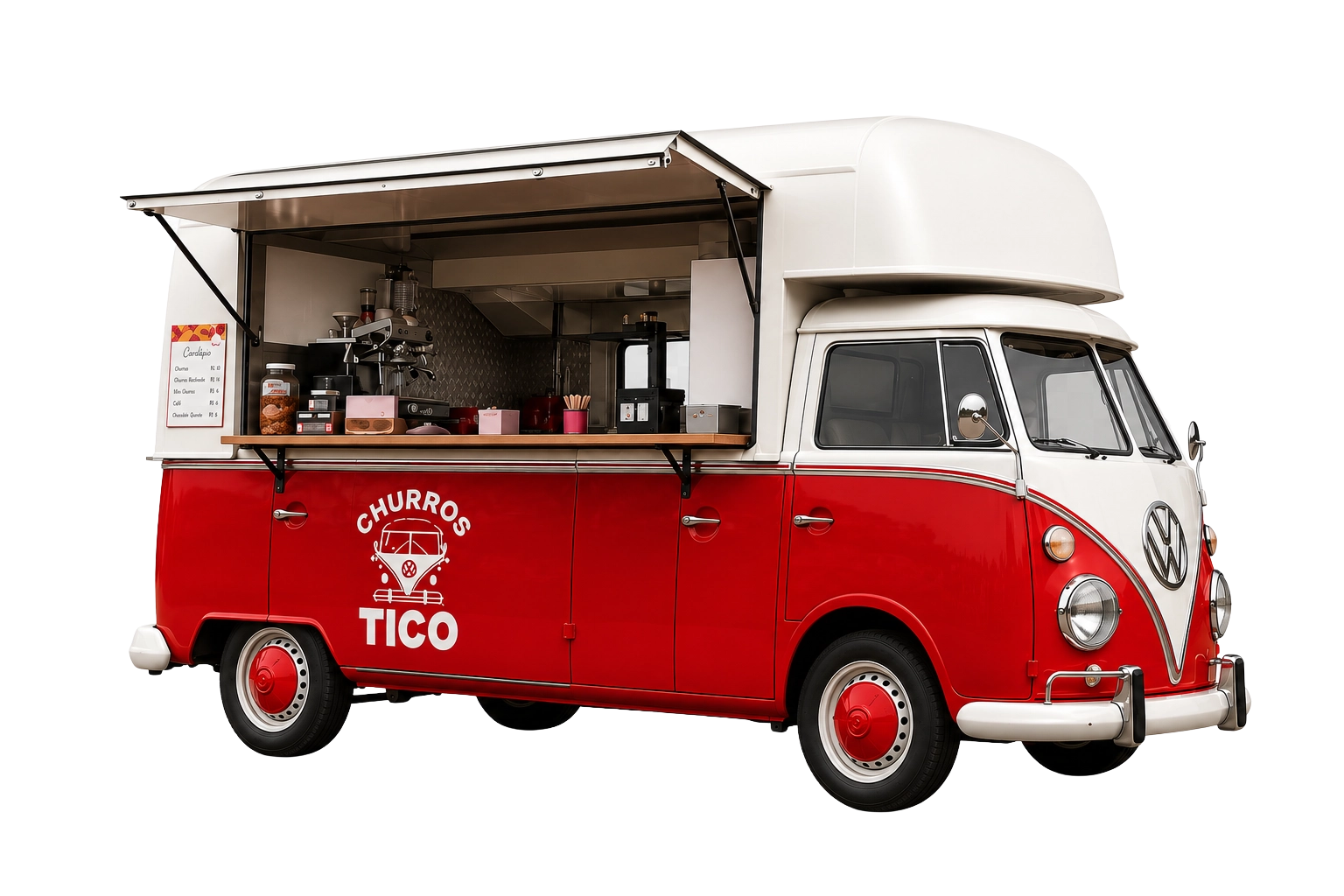 Kombi vermelha e branca da Churros Tico